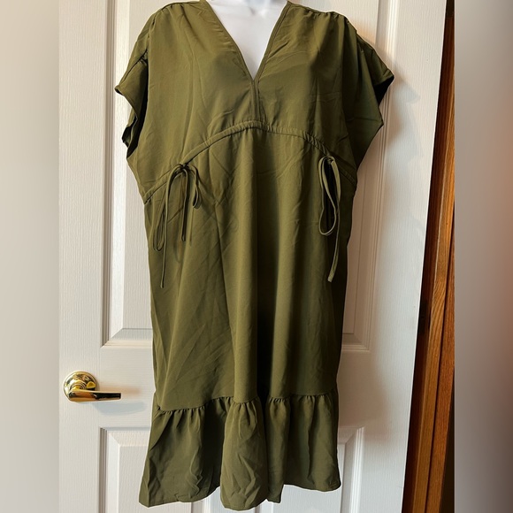 Olive Green V-Neck Dress - Picture 1 of 8